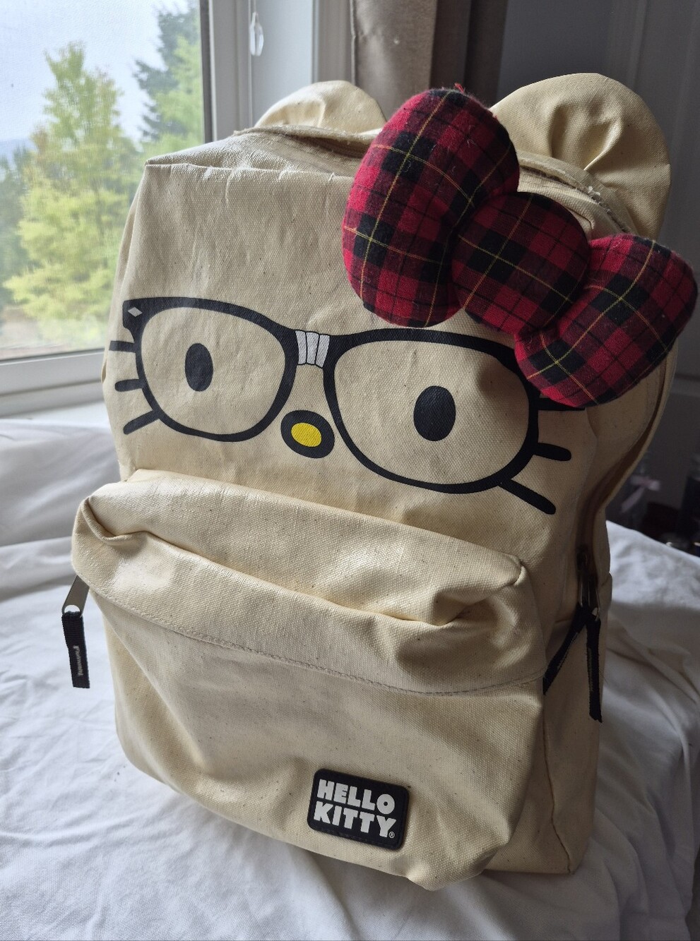 Hello Kitty Nerd Backpack Cream Canvas Plaid Bow Glasses – Used
